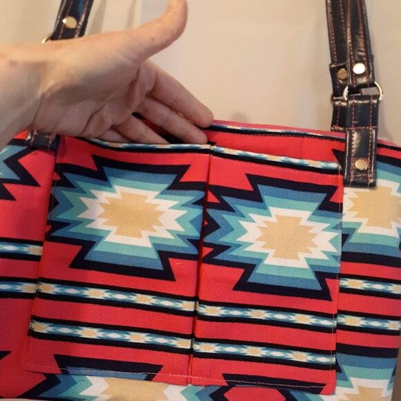New Southwestern geometric Pink Turquoise Cowgirl Double Handle Satchel Bag Boh - Picture 5 of 10